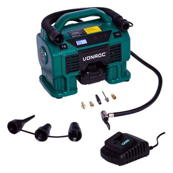 VONROC Accu compressor VPower 20V – 20V accu & 12V aansluiting – Incl. accessoires en 2.0Ah accu