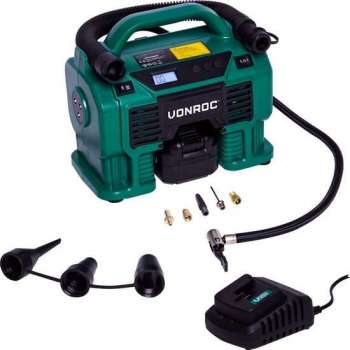 VONROC Accu compressor VPower 20V – 20V accu & 12V aansluiting – Incl. accessoires en 4.0Ah accu