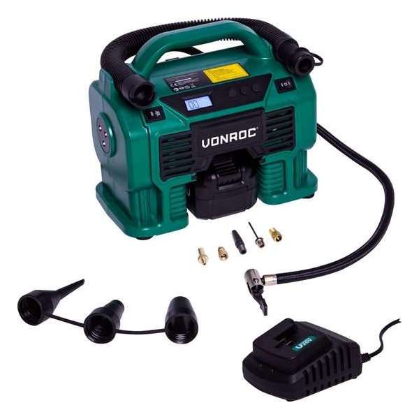 VONROC Accu compressor VPower 20V – 20V accu & 12V aansluiting – Incl. accessoires en 4.0Ah accu