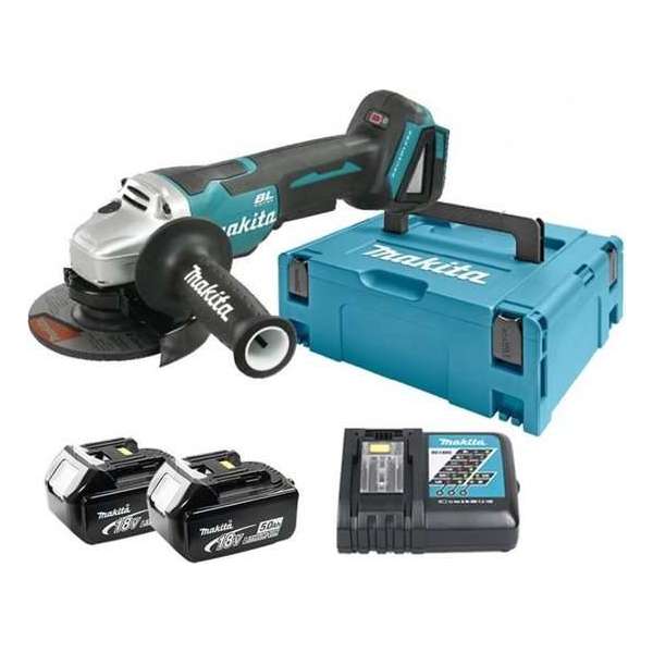 Makita DGA505RTJ 18V Li-Ion Accu haakse slijper set (2x 5.0Ah accu) in Mbox - 125mm - koolborstelloos - softstart