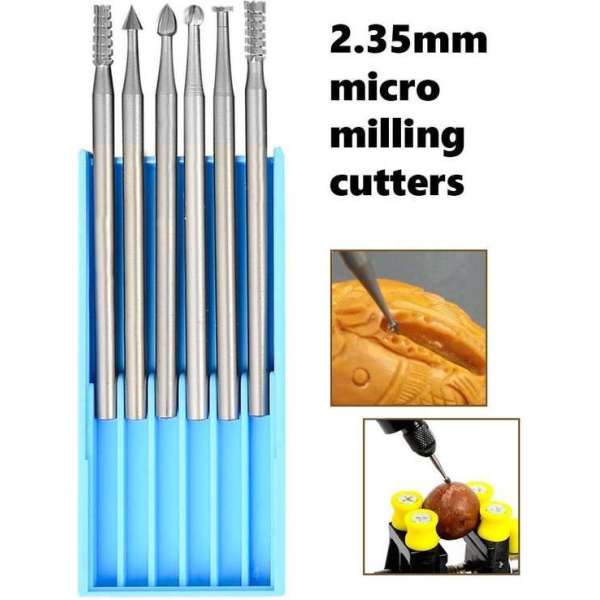 6 HSS mini freesjes, 1.2x40 mm, 2.35 mm schacht