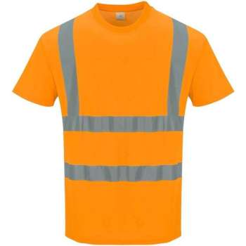 Katoen comfort Tshirt Oranje met korte mouw en reflectie strepen Maat L