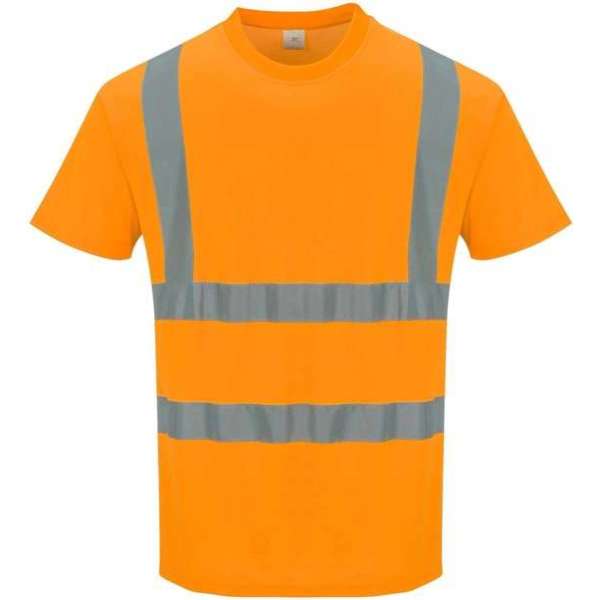 Katoen comfort Tshirt Oranje met korte mouw en reflectie strepen Maat L