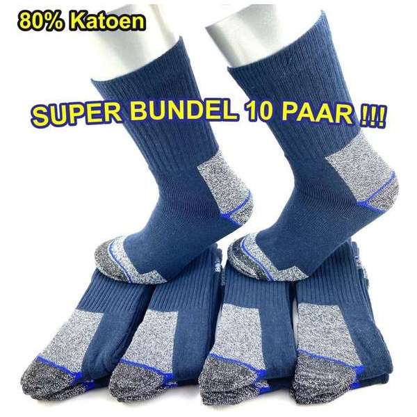 Werksokken - 80% Katoen - SUPER BUNDEL DEAL - 10 PAAR - Blauw - 43/46