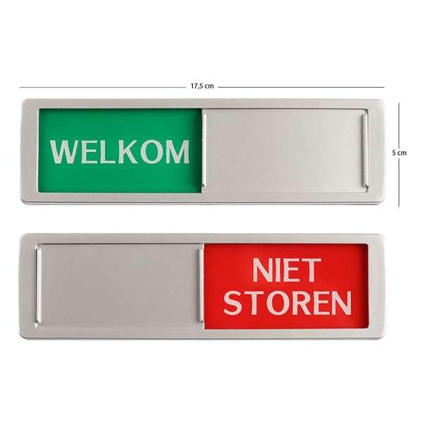 Welkom - Niet Storen Schuifbordje - Hoge Kwaliteit - Aluminium Look - 17,5 cm x 5 cm x 0,6 cm - Promessa Design Schuifborden.