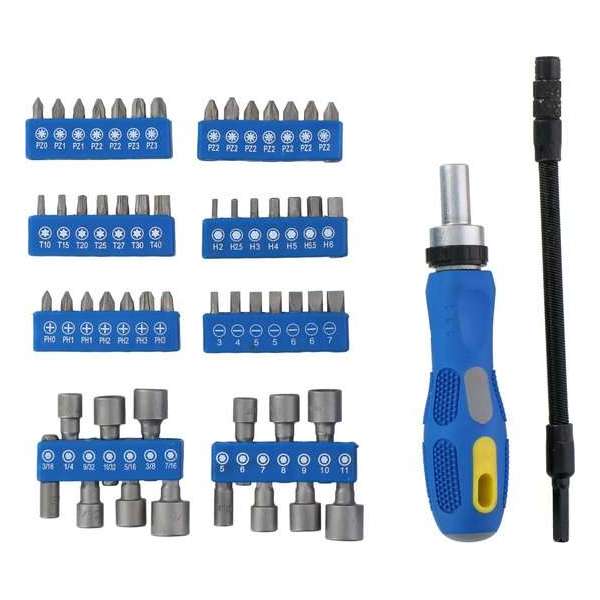 Kinzo Ratelschroevendraaierset - 42 Bits - 14 houders - 1x Handvat - 1x Flexibele Extensie -  58 Stuks