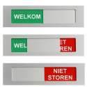 Welkom-niet storen schuifbordje - 130 mm x 35 mm x 4 mm - Bevestiging 3M plakstrip over de gehele achterzijde - Promessa-Design.