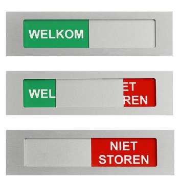 Welkom-niet storen schuifbordje - 130 mm x 35 mm x 4 mm - Bevestiging 3M plakstrip over de gehele achterzijde - Promessa-Design.