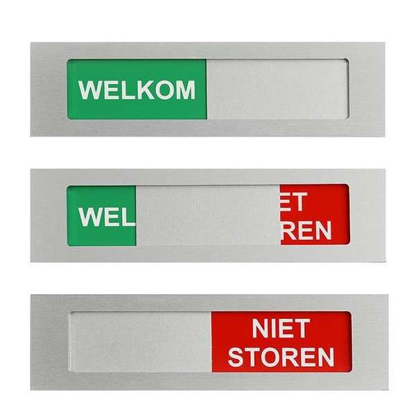 Welkom-niet storen schuifbordje - 130 mm x 35 mm x 4 mm - Bevestiging 3M plakstrip over de gehele achterzijde - Promessa-Design.