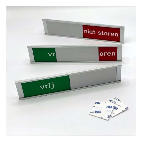 Schuifbordje Vrij - Niet Storen. 255 mm x 57 mm. Bevestiging twee 3M dubbelzijdige stickers.