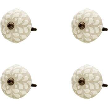 Clayre & Eef Deurknop Set van 4 Ø 4*3 cm Beige Keramiek Rond Blaadjes Meubelknop