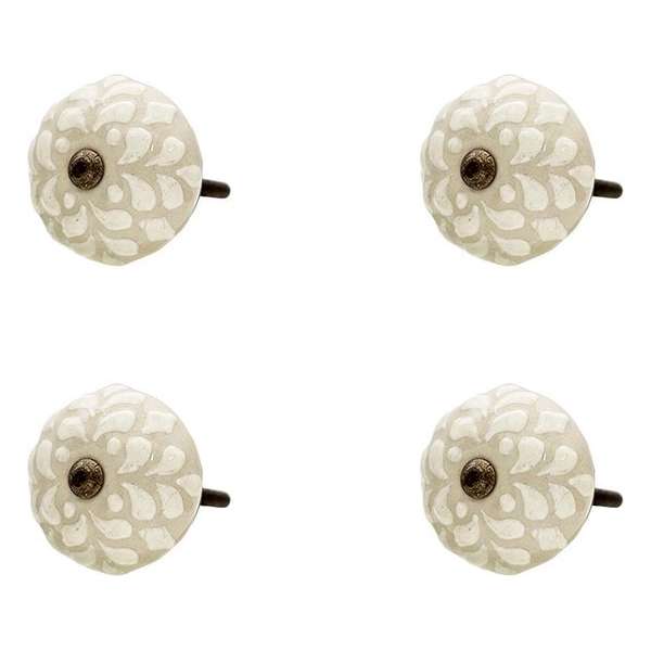 Clayre & Eef Deurknop Set van 4 Ø 4*3 cm Beige Keramiek Rond Blaadjes Meubelknop