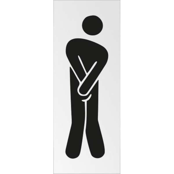 Deurbordje pictogram Toilet heren met hoge nood. 130 mm x 50 mm x 0,5 mm. Deur bordje pictogram toilet man nodig heren wc.