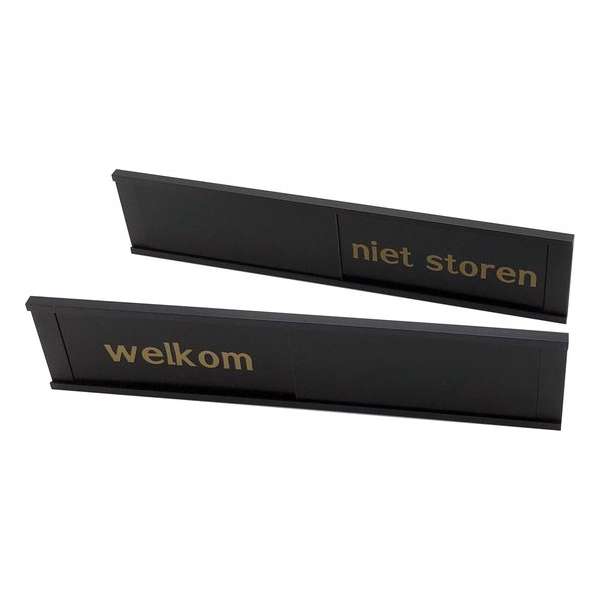 Schuifbordje Welkom - Niet Storen Black Gold - 255 mm x 57 mm - Bevestiging twee 3M dubbelzijdige stickers - Promessa-Design.