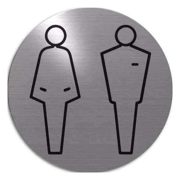 RVS deurbordje pictogram: man vrouw WC heren en dames toilet | 5 jaar garantie | ROND 82mm Ø | Zelfklevend | Plakstrip