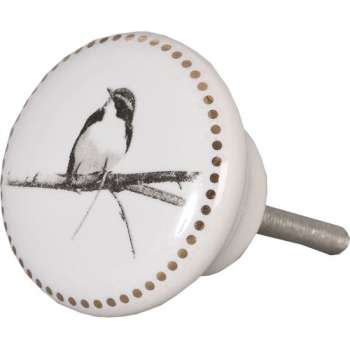 Clayre & Eef Deurknop Ø 4 cm Wit, Grijs Keramiek Rond Vogel Meubelknop