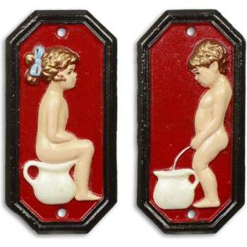 Maddeco - Gietijzer - toilet - bordjes - jongen - meisje - set - toiletbordjes - rood