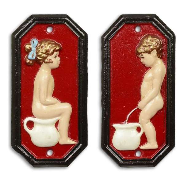 Maddeco - Gietijzer - toilet - bordjes - jongen - meisje - set - toiletbordjes - rood