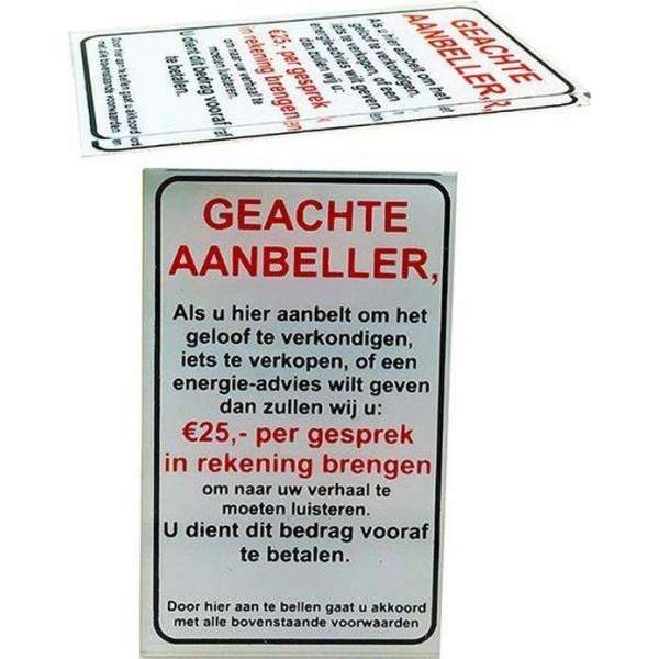 Geen Verkopers, Geloofsovertuigers of Energie adviezen aan de deur sticker bordje - Glashelder Acrylaat - Promessa-Design.