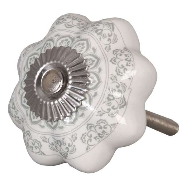 Clayre & Eef Deurknop Ø 4.5 cm Wit, Grijs Keramiek Bloemen Meubelknop