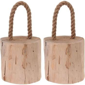 2x Deurstoppers teak met draagtouw 19 cm - Huishouden - Woonaccessoires/benodigdheden - Deurstoppers/raamstoppers van hout