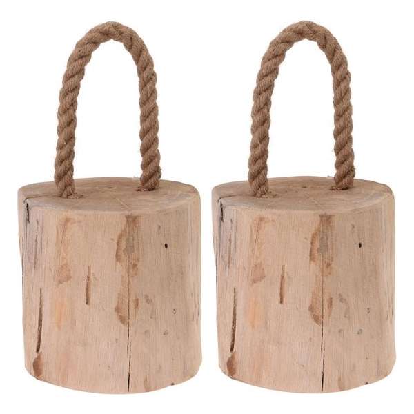 2x Deurstoppers teak met draagtouw 19 cm - Huishouden - Woonaccessoires/benodigdheden - Deurstoppers/raamstoppers van hout