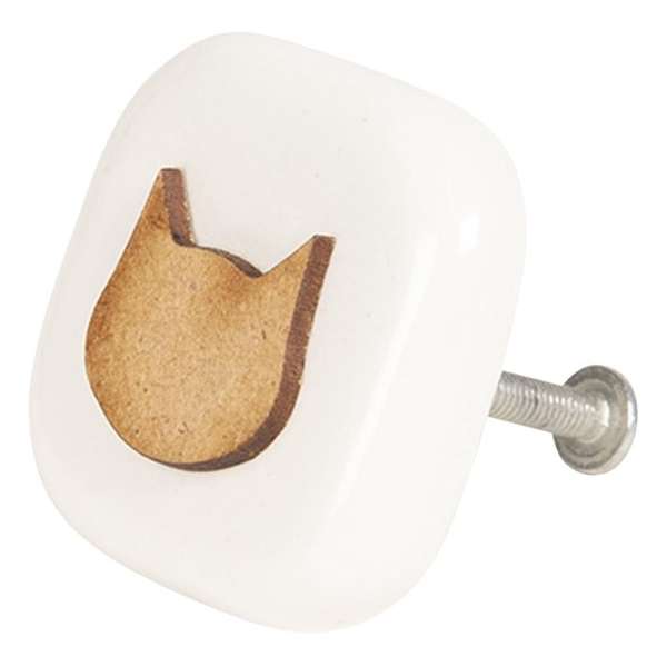 Clayre & Eef Deurknop 5*5*3 cm Bruin Keramiek Vierkant Kat Meubelknop