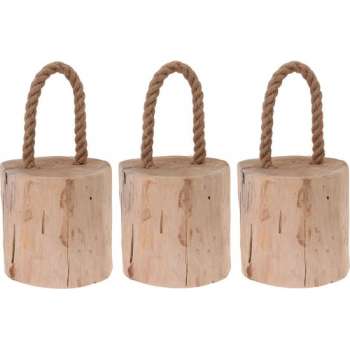 3x Deurstoppers teak met draagtouw 19 cm - Huishouden - Woonaccessoires/benodigdheden - Deurstoppers/raamstoppers van hout