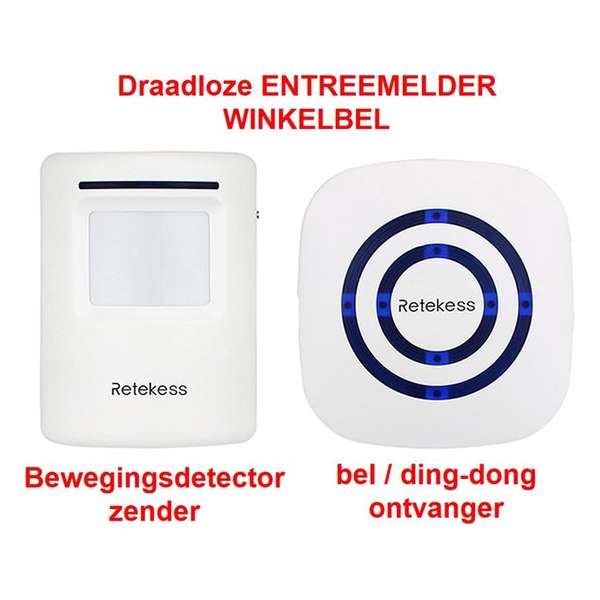 RETEKESS - Draadloze ENTREEMELDER - Toegangsmelder - WINKELBEL - Geschikt voor winkels en woonhuizen - complete set