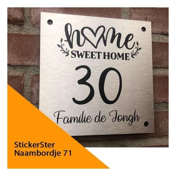 Naambordje voordeur 20 x 20 cm RVS look Home Sweet Home