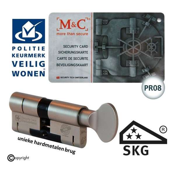 M&C anti kerntrek SKG*** K32/32 veiligheids knopcilinder met PKVW erkenning en PR08 beschermd profiel