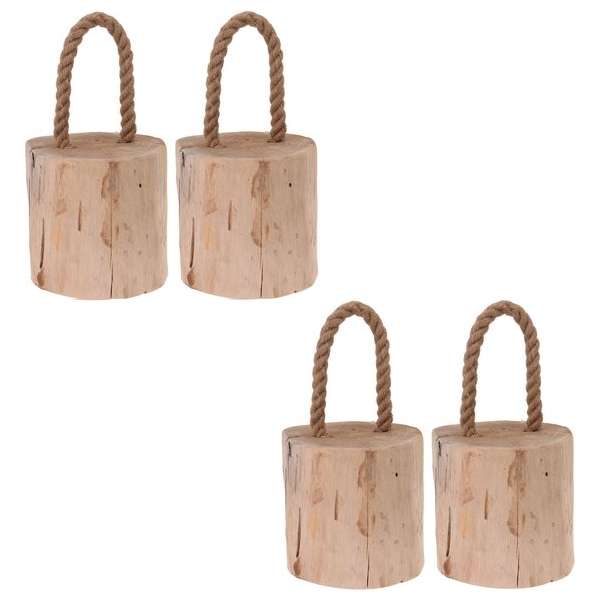 4x Deurstoppers teak met draagtouw 19 cm - Huishouden - Woonaccessoires/benodigdheden - Deurstoppers/raamstoppers van hout