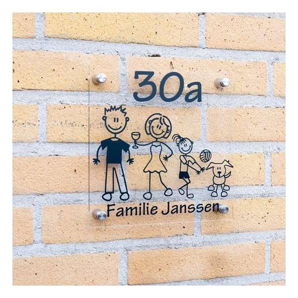 Naambordje Familie - Helder plexiglas - 20 cm x 20 cm - keuze uit diverse figuurtjes