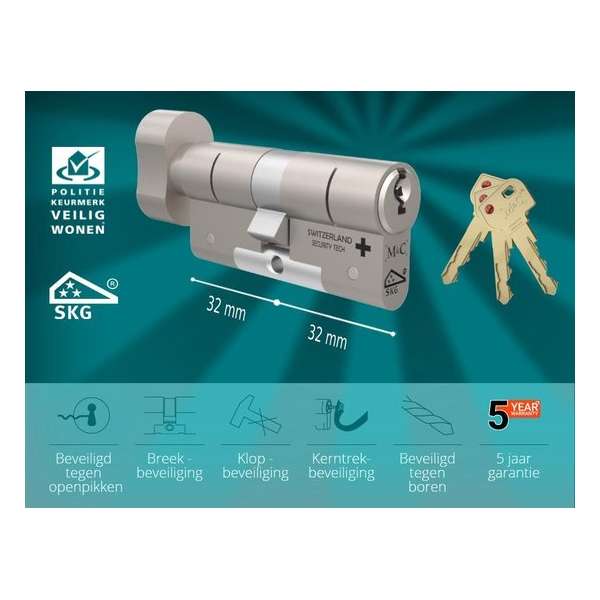 M&C Matrix Cilinderslot - Knop Ovaal met push functie 32x32 mm - Met 3 sleutels - SKG*** - Politiekeurmerk Veilig Wonen