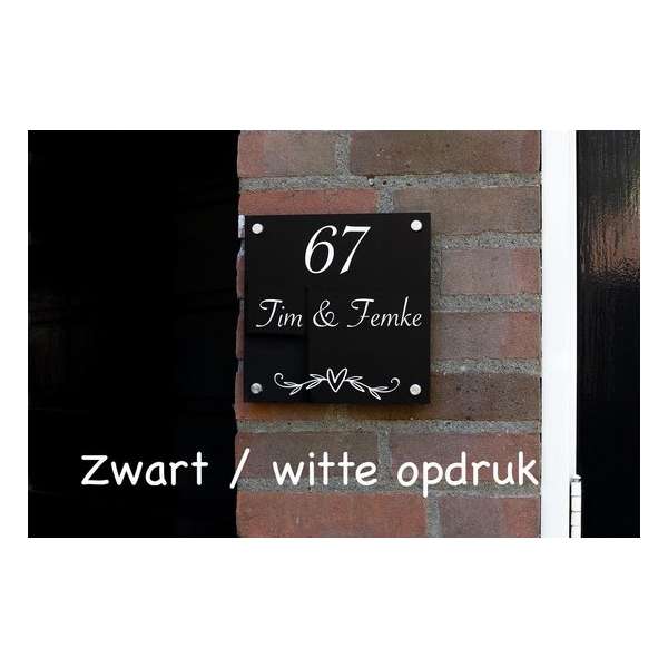 Naambord - zwart plexiglas - 20 cm x 20 cm - compleet pakket - witte opdruk - gepersonaliseerd