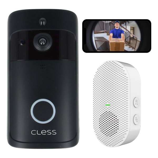 Cless- Deurbel met camera incl. 16GB - inclusief chime - draadloze deurbel - video deurbel - zwart