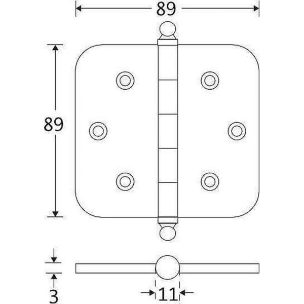 Kogellagerscharnier ronde hoek 89x89mm messing gelakt bol