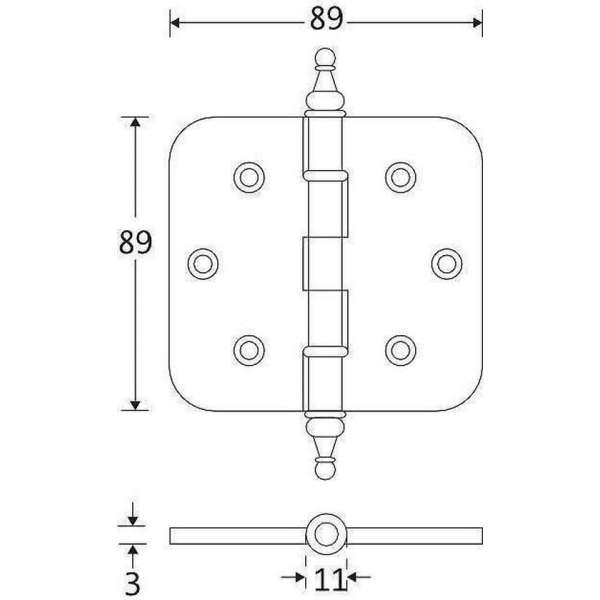 Kogellagerscharnier ronde hoek 89x89mm messing titaan vaas