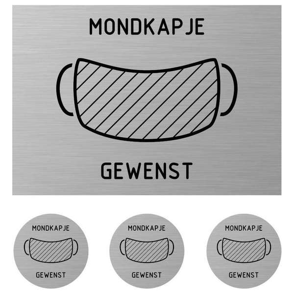 Deurbordje - set 4 stuks -mondkapje - gewenst - deurbord - rechthoek  - rond - RVS look