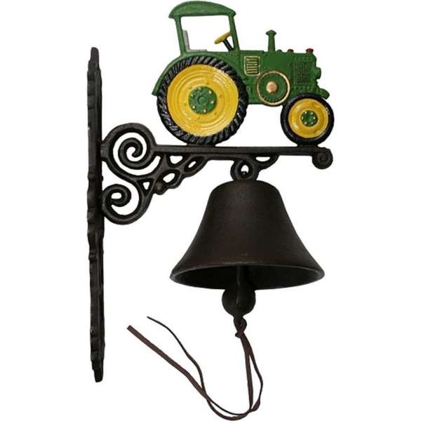 Grote Wandbel - Deurbel, Met Handbeschilderde groene tractor - Gietijzer - 38 x 22.5 cm