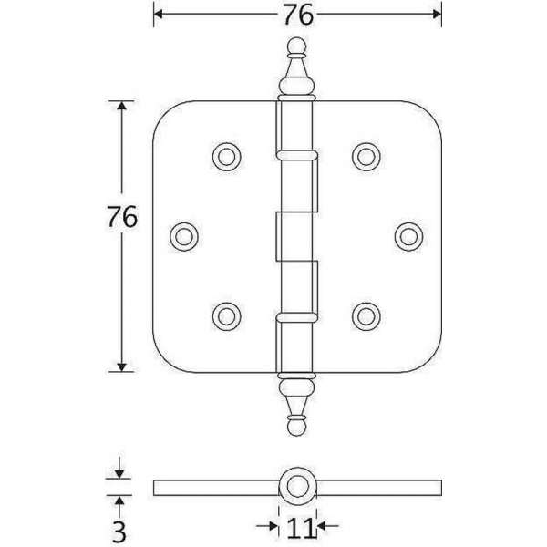 Kogellagerscharnier ronde hoek 76x76mm messing titaan vaas