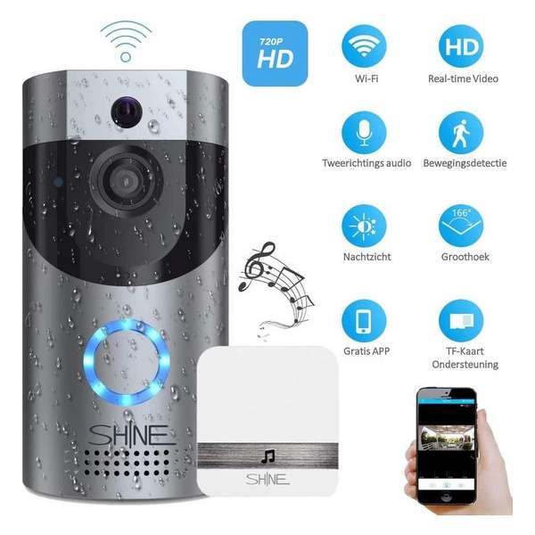 Video deurbel met Camera en WiFi - 2.4 GHz - Intercom - Incl. Cloud-storage & Chime met 52 melodieën