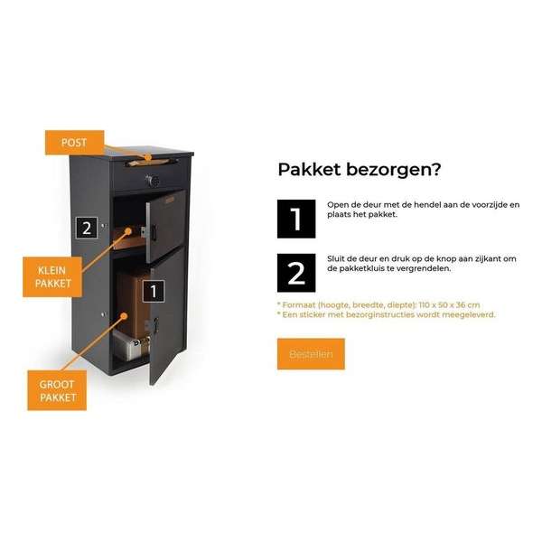 HOMELOCKER grijs 110 x 50 x 36 cm pakketbrievenbus -RVS - grote en meerdere pakketten per dag - 3 in 1 -