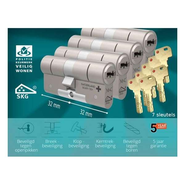 M&C Condor - Cilinderslot - SKG*** - 4 STUKS Gelijksluitend - 32x32 mm - Politiekeurmerk Veilig Wonen