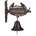 Deurbel gietijzer WELCOME, antieke stijl, gouden letters, bord met vogels, huisdeur & tuin, donkerbruin