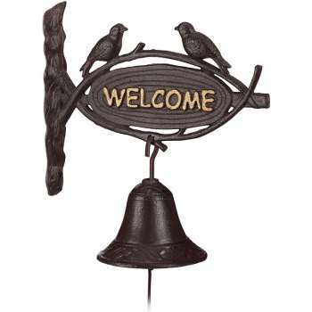 Deurbel gietijzer WELCOME, antieke stijl, gouden letters, bord met vogels, huisdeur & tuin, donkerbruin