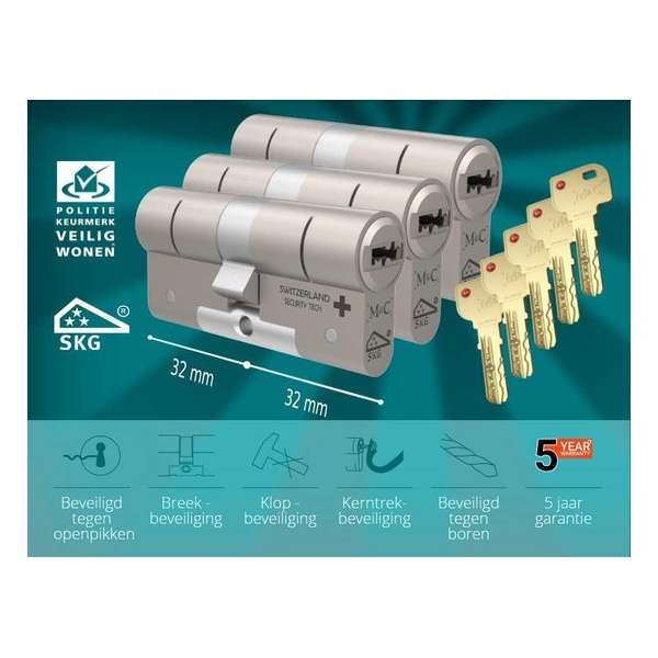 M&C Condor - Cilinderslot - SKG*** - 3 STUKS Gelijksluitend - 32x32 mm - Politiekeurmerk Veilig Wonen