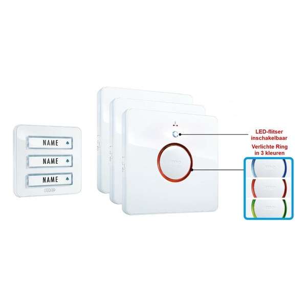 M-E BELL-233 DRAADLOZE DEURBELSET - 3-voudige Deurbeldrukker-zender + 3x Bel-ontvanger - geschikt voor 3 gezinswoningen - 41097