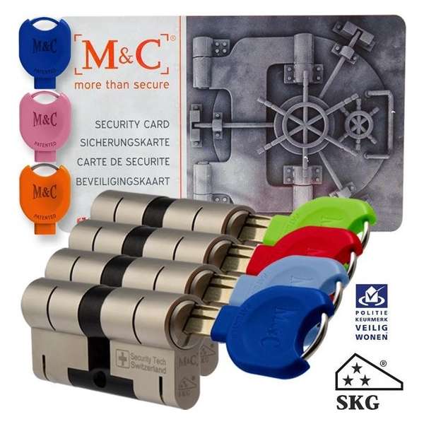 M&C 32/32 set van 4 anti-kerntrek cilinders skg*** gelijksluitend incl. 7 color sleutels.