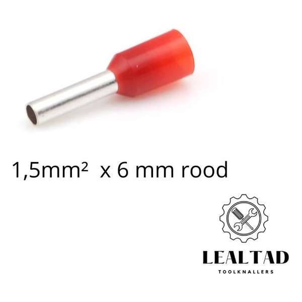 Adereindhuls 1,5 mm² x 6 mm rood 100 stuks | Ferrule | Draadhuls | Adereindhulzen | Eindverbinder